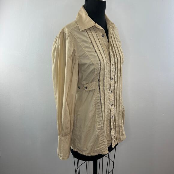 FREE PEOPLE Beige 6 Top Cotton Button-Up Collared Ruffle Long Sleeve Regular Fit - Picture 4 of 9